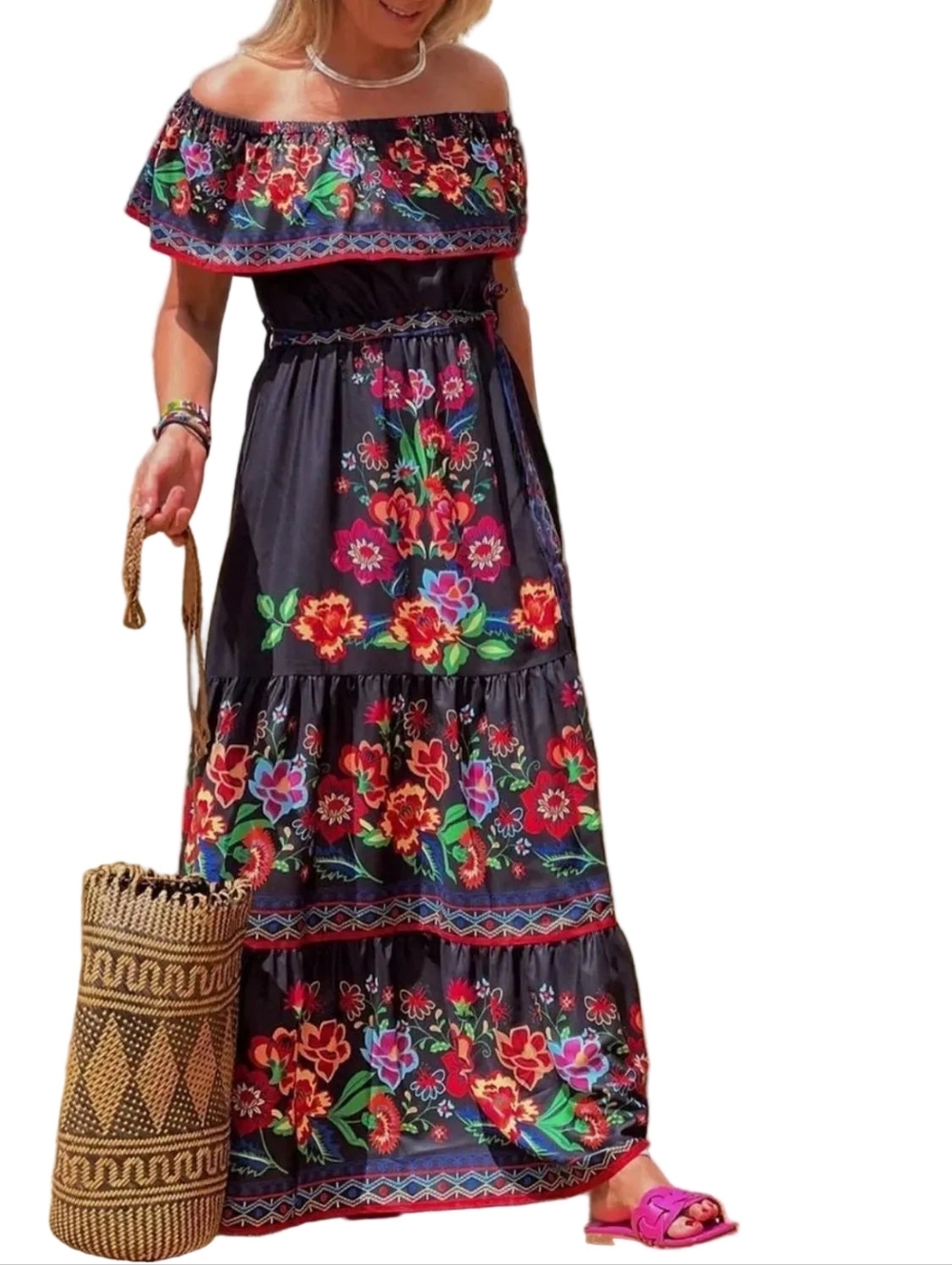 Floral Ruffle Off Shoulder Belted Elastic Waist Retro 70s Tiered Boho Maxi Dress - Picture 5 of 8